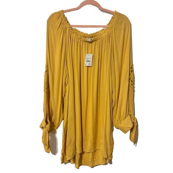 NEW Cato Off The Shoulder Blouse Top Yellow XL Trim Embroidered Boho Crochet - Picture 1 of 8